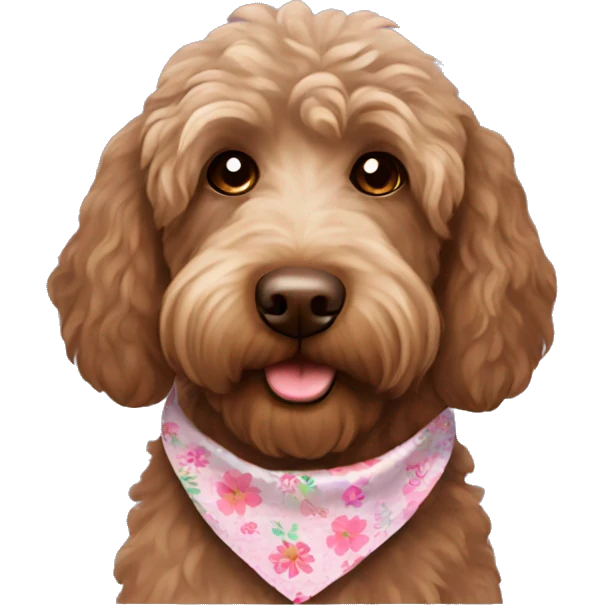 Brown labradoodle with a flower bandana emoji