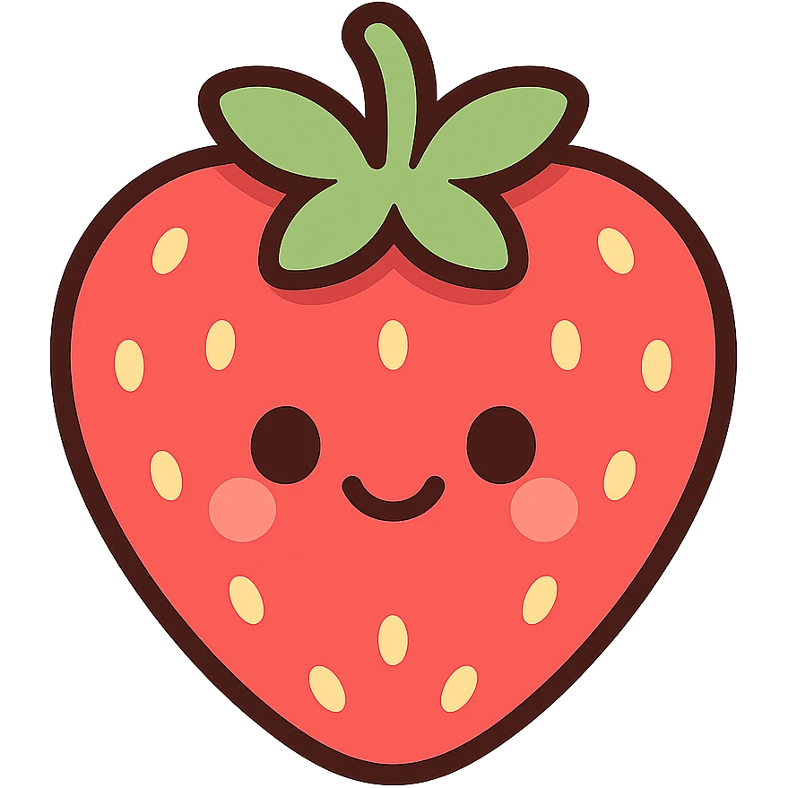 A series of illustrations stawberry in a kawaii emoji style, with detailed shading and highlights, thin clean outlines, soft and rounded features. Pastel color palette using  #FF5B5B, #CE4C4C,#CE4C4CThe style is inspired by modern Japanese pop art and sticker aesthetics. Highly detailed, vector clarity, soft lighting and subtle shadows. Transparent background without background. emoji