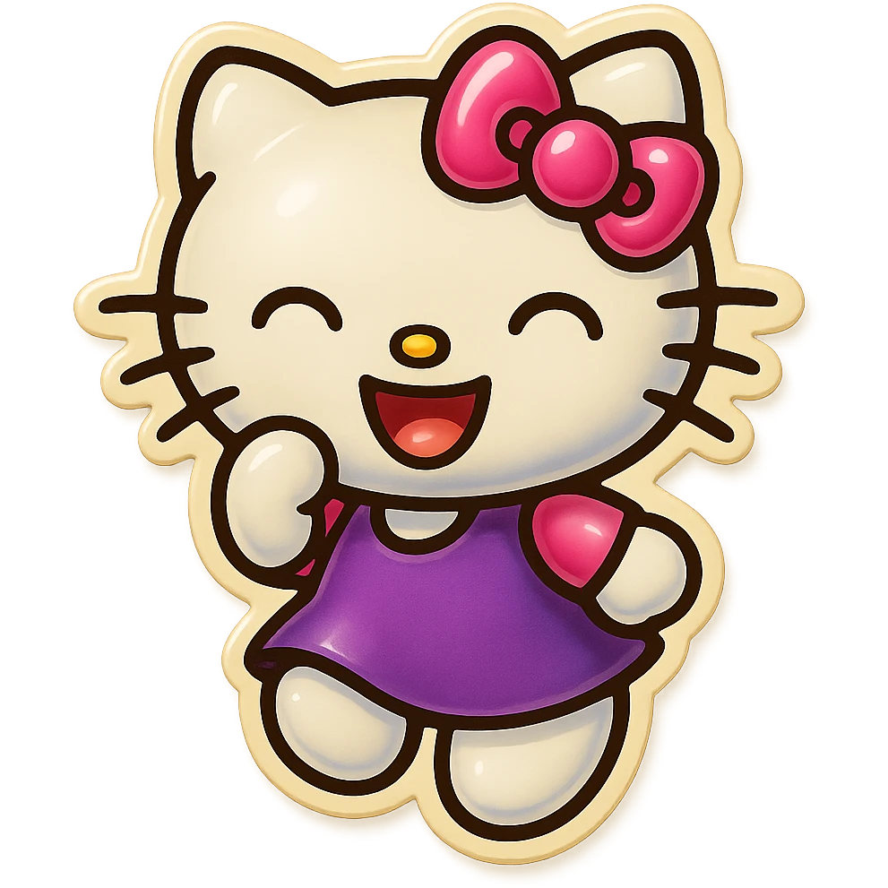 hello kitty sticker style, white head, pink bow, laughing expression, purple dress emoji