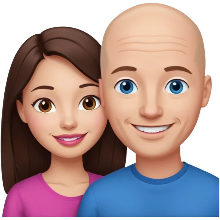 Bald white man blue eyes in love with Filipina woman with long hair dark brown eyes and pink lips smiling emoji