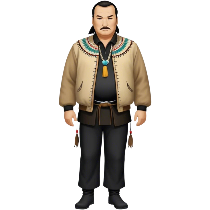 unhealthy steven segal standing render-entire-body balding with ponytail. pot belly.  visible-legs native american style jacket-with-tassles black pants big belly emoji