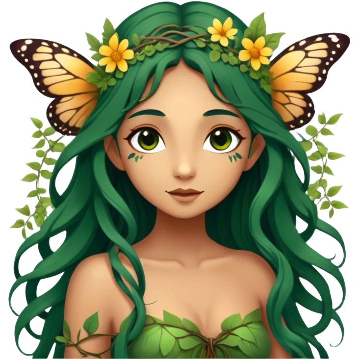 Cinematic Realistic Forest Nymph Fairy portrait, with butterfly wings and depicted with lifelike, sun-kissed tanned skin that radiates an earthy glow, softly illuminated by natural, dappled light. Her long, flowing dark green hair is intricately detailed and interwoven with delicate vines and wildflowers, while her deep, soulful eyes mirror the wisdom of the forest. Dressed in an attire inspired by nature’s palette—with subtle botanical motifs—the portrait exudes a soft, enchanted glow that melds realism with woodland magic. emoji