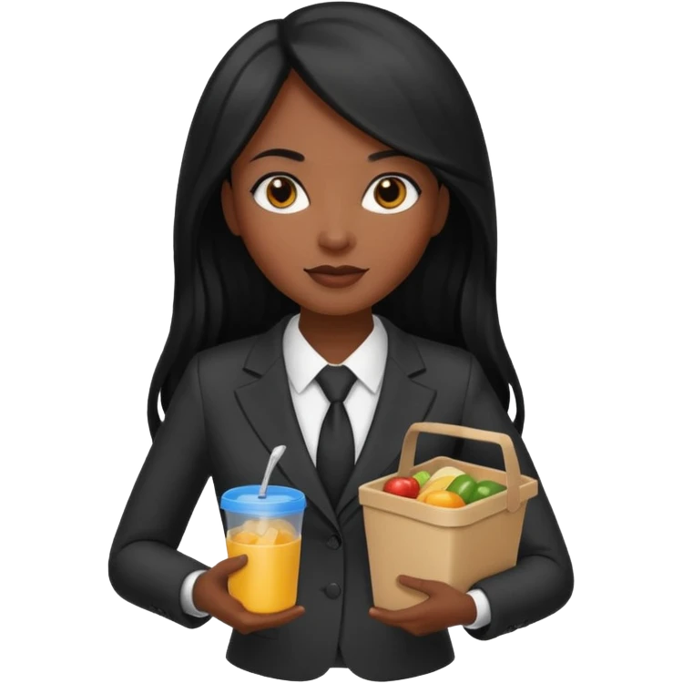dark long haired woman with suit holding food container emoji