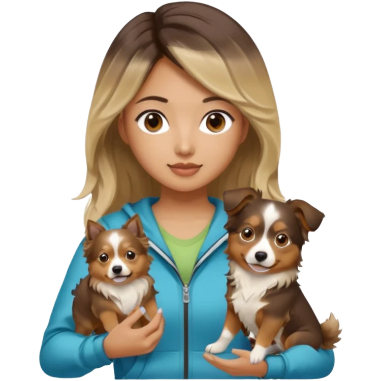 An Asian lady with long balayage hair with blonde highlights, in a brown gym outfit, holding a mini Australian shepherd  emoji