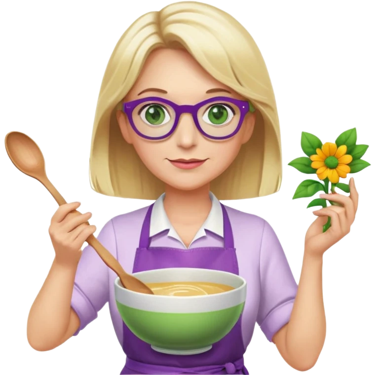 middle aged woman with shoulder length blonde hair, purple glasses, green eyes, flower apron, holding a bowl and mixing spoon emoji