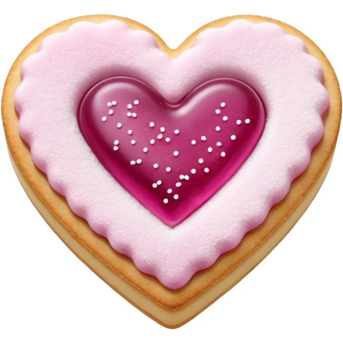Realistic shortbread cookie in the shape of a heart with light margenta jelly middle filling and sprinkled powder sugar on top. emoji
