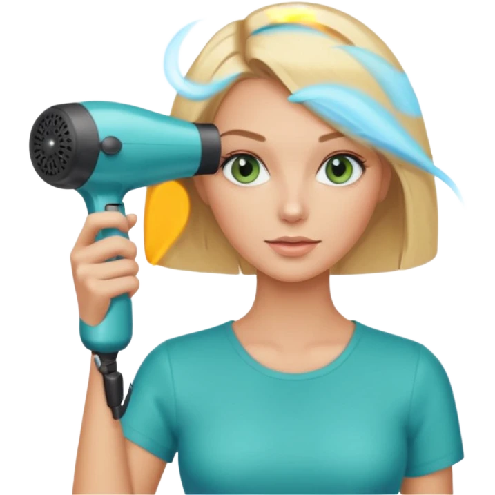Blonde bob girl hair stylist with blue green eyes holding a hair dryer emoji