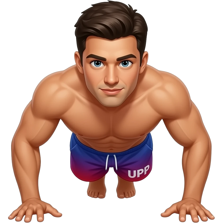 man-in down low position of  doing-push-ups chest almost to the ground shirtless, nice tan, "UPP" written on his purple to blue to red gradient shorts emoji