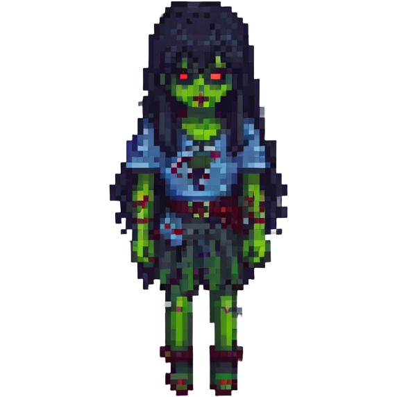 a zombie girl with black long hair and bangs, pixel art style, retro, 8-bit emoji