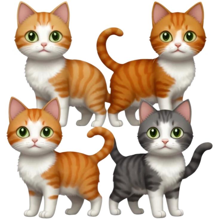 full body of 3 tiny short hair cats including a dark grey and white cat with green eyes, a ginger and white with orange eyes and a brown tabby and white with hazel eyes emoji