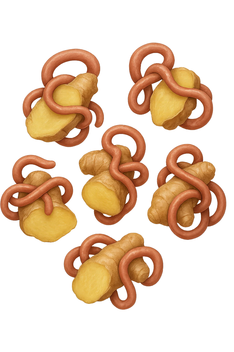 emoji stile iphone 3d di 6 piccoli pezzi di zenzero che fluttuano in aria con pezzi di colon arrotolati intorno, iperrealistico 4k emoji
