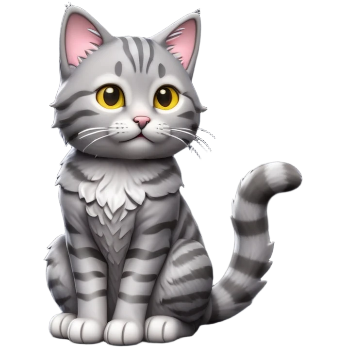 cinematic-[grey tabby cat]-realistic-full-body-sitting-emoji,-tail-curled-playfully-around-its-paws,-head-tilted-dramatically,-scruffy-[grey]-fur,-simplified-yet-realistic-focused-features,-highly-detailed,-glowing-with-an-almost-sarcastic-glow emoji