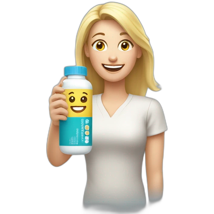 Happy blonde Mom holding iburprofen pill bottle emoji