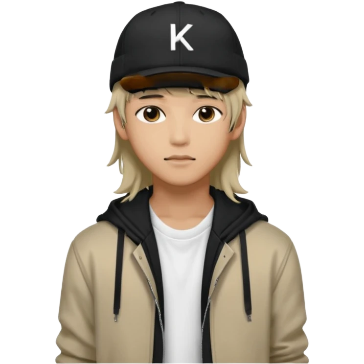 Portrait of a male K-pop idol, wearing a stylish streetwear outfit with layered clothing, long hair with bangs, makeup, wearing a black cap emoji