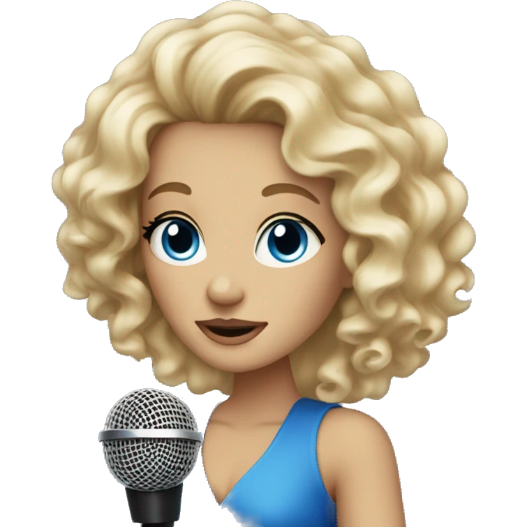 Beautiful blonde curly woman with blue eyes with microphone emoji