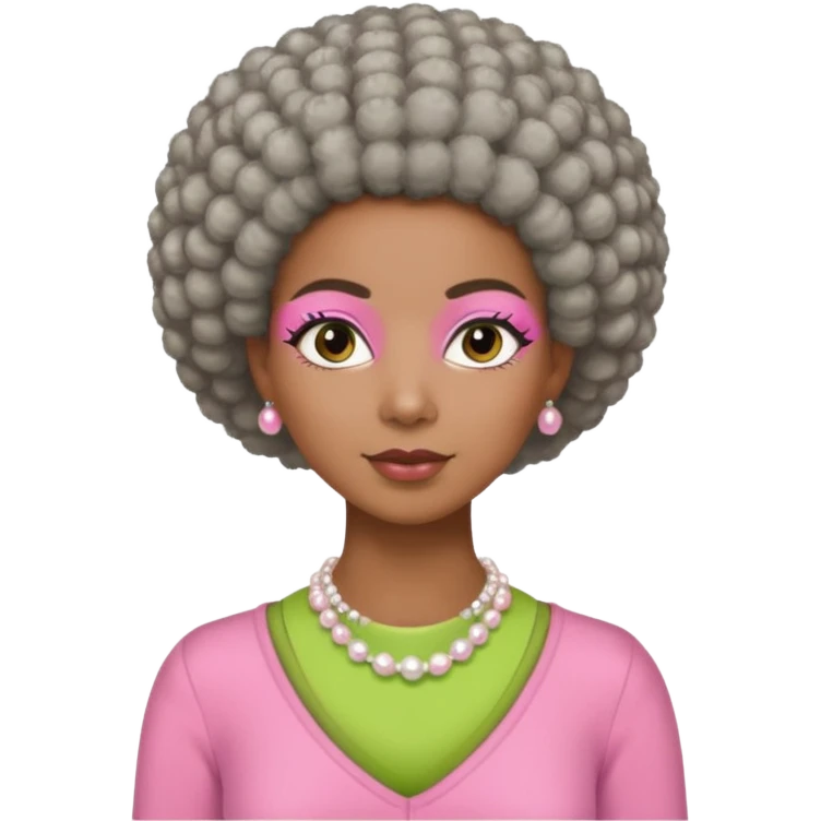 Brown woman with short gray Afro  wearing pink and green outfit and pearl necklace  emoji