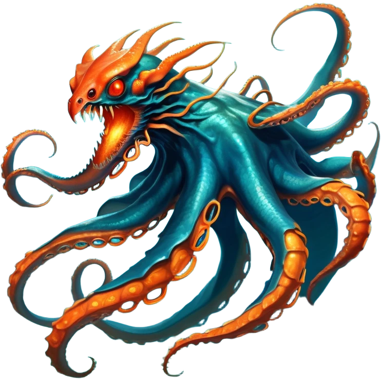 Create a fearsome aquatic titan that combines the orange dragon-octopus hybrid's flexible tentacles and predatory nature with the teal-blue metallic dragon's armored body and fiery breath, resulting in a multi-limbed leviathan with a segmented exoskeleton of shimmering teal-blue plates covering its upper body and tentacles, glowing orange-red eyes, a dragon-like head that spews molten energy, and the ability to seamlessly transition between deep-sea ambush predator and surface-world destroyer capable of both constricting prey with its armored tentacles and unleashing devastating elemental attacks.. full body, only the creature emoji