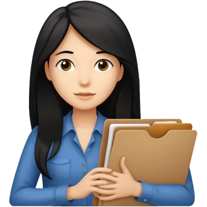 a light tan woman with long black hair past mid-back, round brown eyes and manila folder in her hands emoji