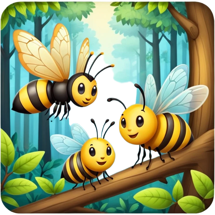 butterfly and bee sitting on a tree branch in a forest, cute and friendly emoji