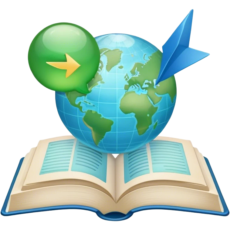 Create an emoji representing language translation. The design should feature an open book or a document with text in multiple languages (e.g., English, Spanish, Chinese), and a translation icon (such as an arrow between two languages) to symbolize the process of converting text. Include elements like a globe or a speech bubble to represent global communication. Use clear, simple lines and a color palette with blues, greens, and subtle neutral tones to convey the idea of clarity and understanding. Make the background transparent. emoji
