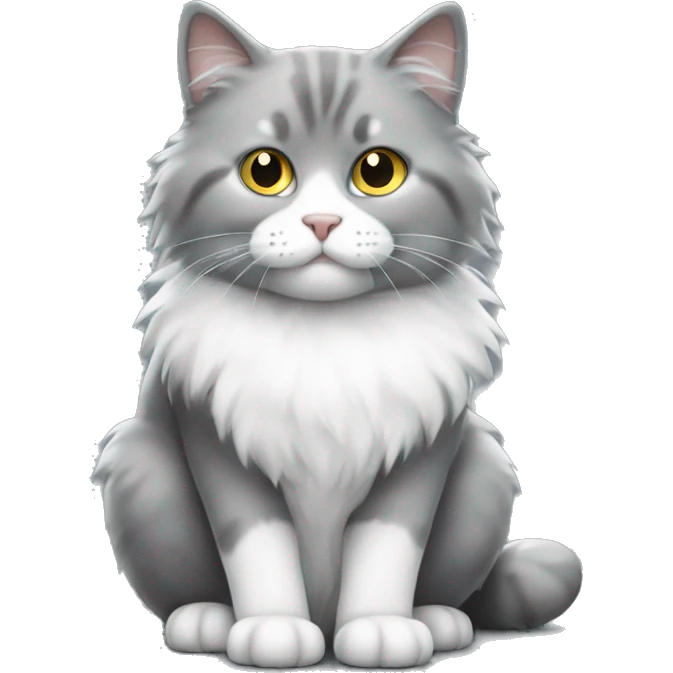 Grey and white fluffy cat sitting full body emoji