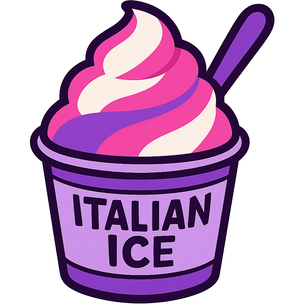 Italian ice dessert in purple, pink, and white, vibrant, appetizing, in a cup, with a spoon emoji