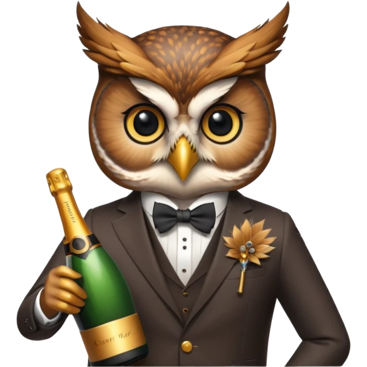 owl wearing suit, holding champagne bottle emoji