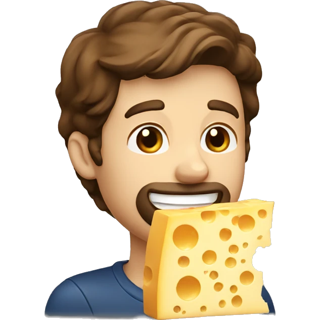 brown hair man eating cheese with sweet smile emoji