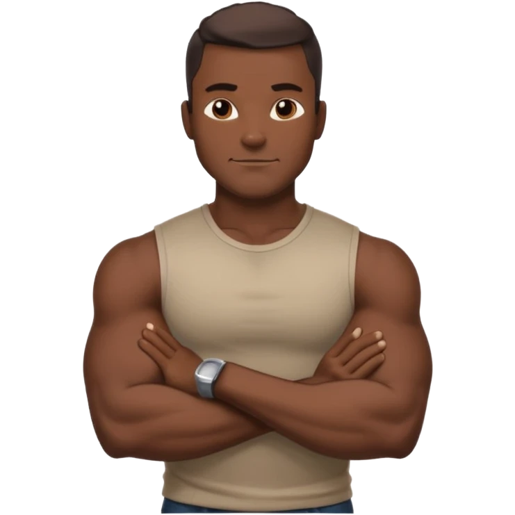 Adult male, dark skin, muscular build, confident smirk, arms crossed, sleek modern casual clothing, assertive pose, strong silhouette, bold shading. emoji
