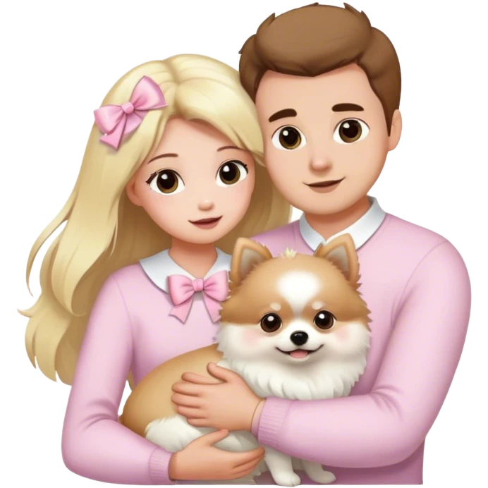 Blond girl white skin with husband brown hair hugging white Pomeranian with light pink bow emoji