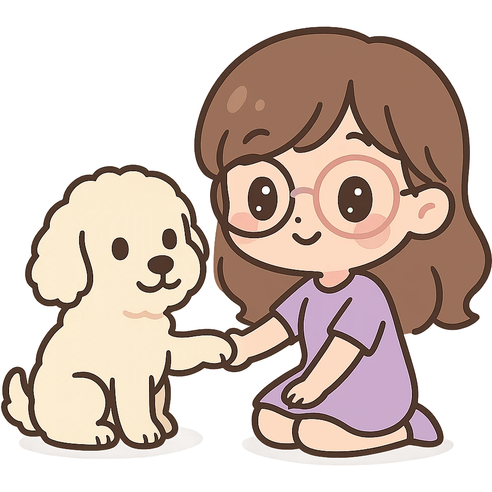 chibi style brunette female with glasses in a purple outfit with her large white or cream colored goldendoodle, the dog is giving her a paw emoji