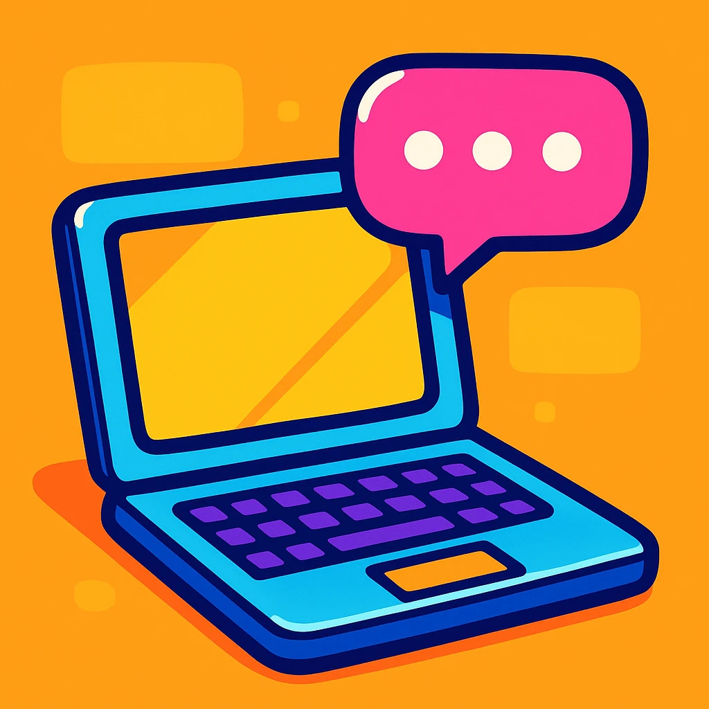 ordinateur avec une bulle de conversation au dessus, style cartoon vibrant emoji