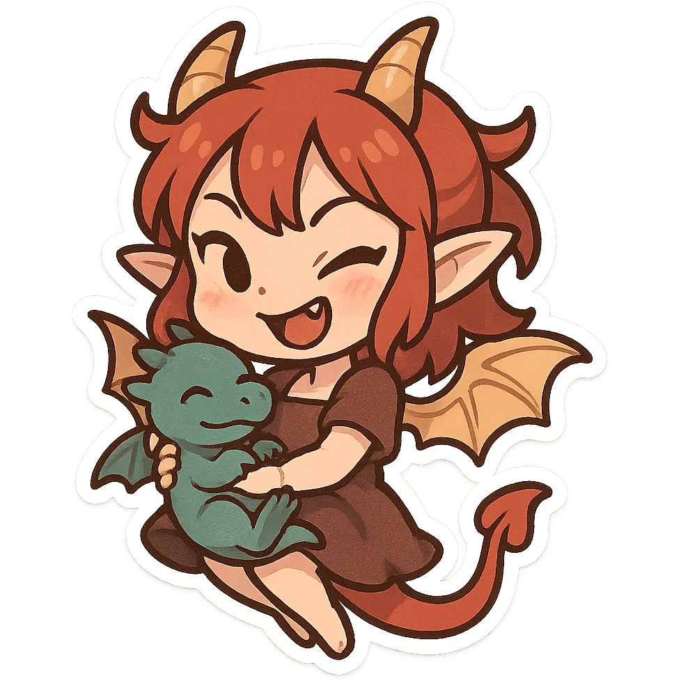chibi stickers style dragon girl with small wings, holding a baby dragon, playful and mischievous emoji