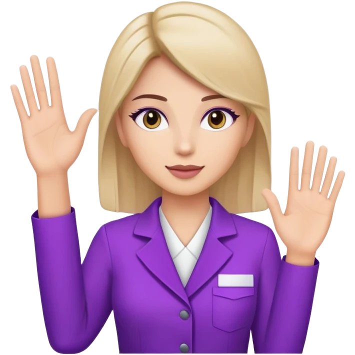 A woman raising her hand, wearing a purple beauty salon work uniform with a professional appearance emoji
