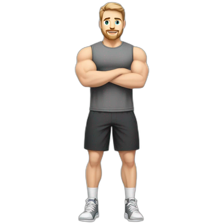Full height Pale skinned fit man With biceps, Realistic eyes and mouth, light brown hair and stubble In dark gray sleeveless mike, black oversize sports shorts, watch and white sneakers. emoji