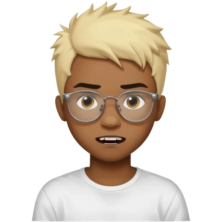 Black Male Teenager with Short punk messy blonde hair, Dark brown bushy eyebrows large expressive golden-brown eyes, wearing a plain white t-shirt, wearing glasses, Dark Brown skin color. vampire tooth emoji