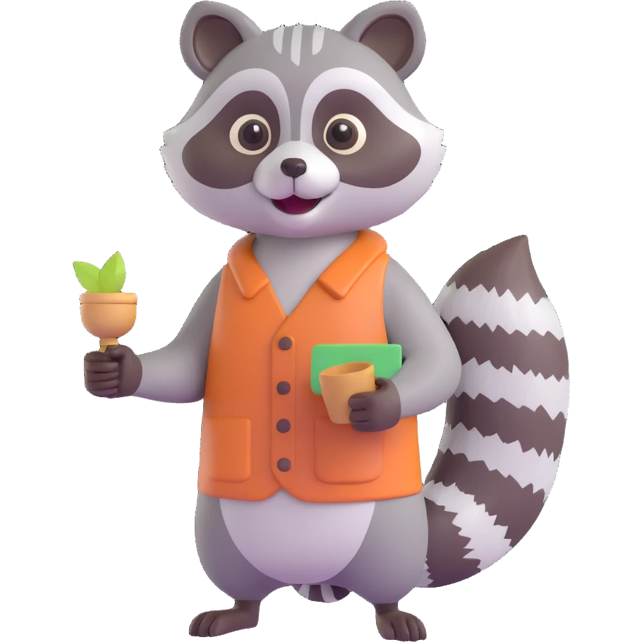 3D raccoon, standing, holding a small object, friendly look emoji