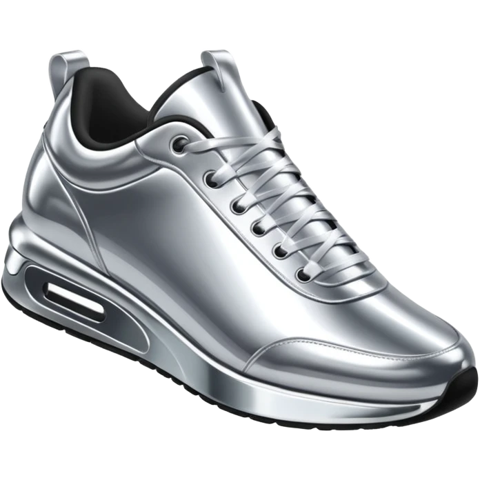 A pair of futuristic sneakers emoji made of silver chrome, sleek streetwear design, smooth metallic panels, subtle reflections, luxury swag aesthetic, iOS emoji style, centered, clean white background emoji