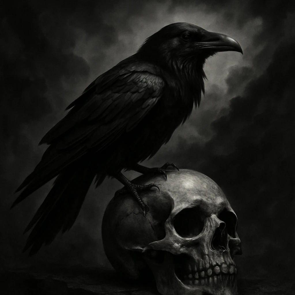 gothic black raven perched on a skull, dramatic emoji