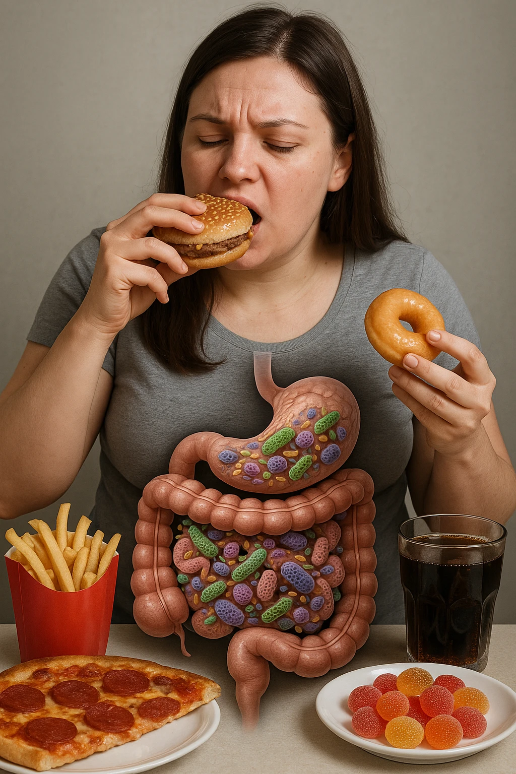 donna con batteri cattivi pieni nel suo intestino immagini realistiche mangia alimentazione ricca di glutine e zuccheri alimentando tutti i batteri cattivi emoji