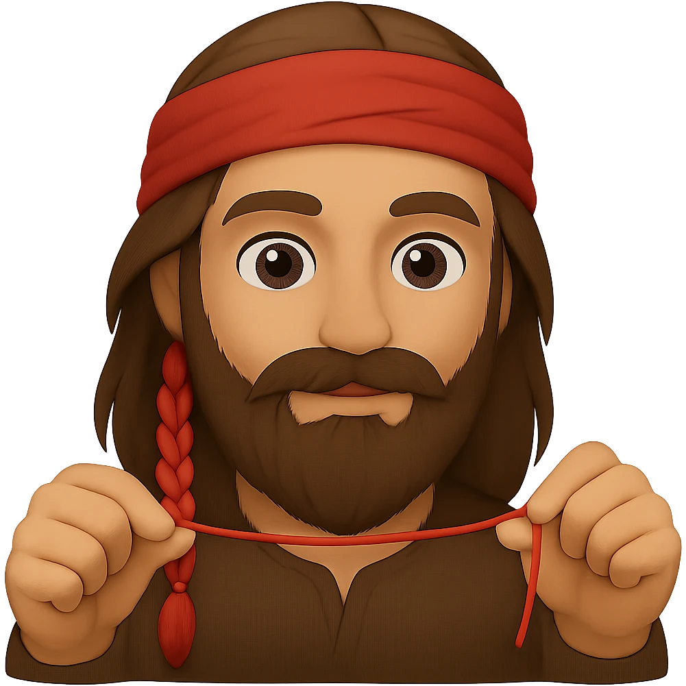 A man with a beard, long hair and a red thread in his hands, emoji style emoji
