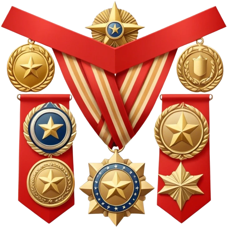 Icon for Collecting Orders, Medals & Badges: a variety of vintage orders, medals and badges, displayed neatly on a big red pennant. The icon should reflect the honor and historical significance of these collectible items. Transparent background. emoji