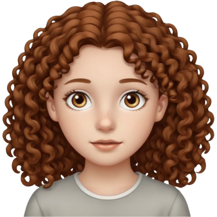 pale teen girl with light grey eyes and brown freckles that has curly hair in a middle part emoji