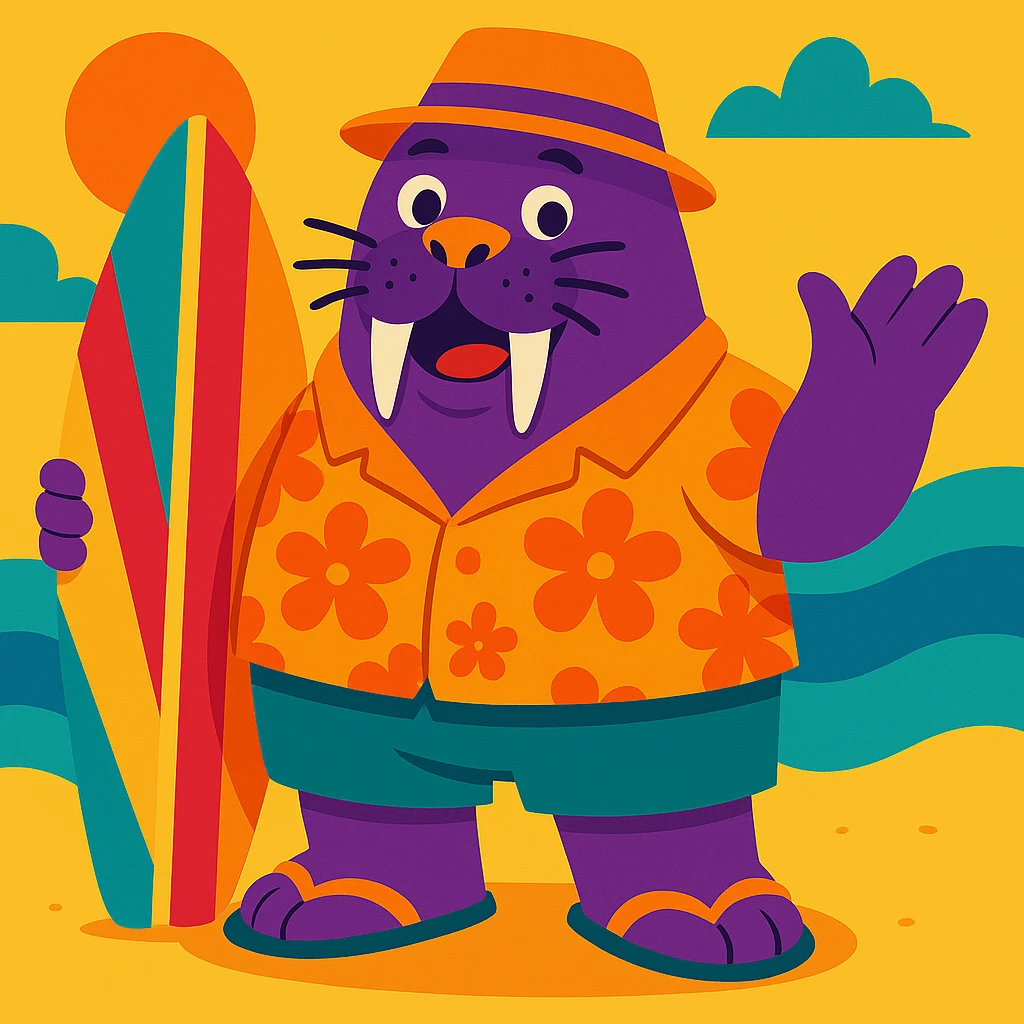 Add a colorful surfboard to the purple walrus wearing summer clothes, keep the vibrant and playful style. emoji