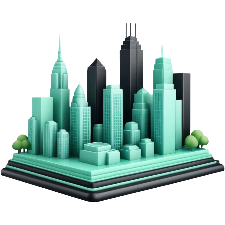 Urbanisme & Aménagement (Urban Planning), 3D techy icon with black and mint green (#B5F4D3) color scheme, city skyline with blueprint emoji