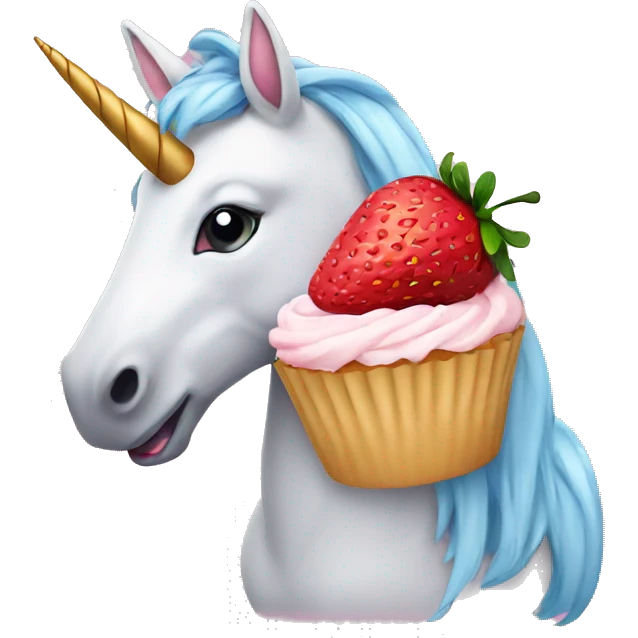 Unicorn eating strawberry cupcake emoji