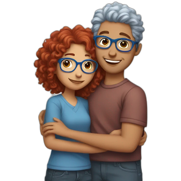 a girl with red curly hair and blue glasses hugging a boy with gray hair emoji