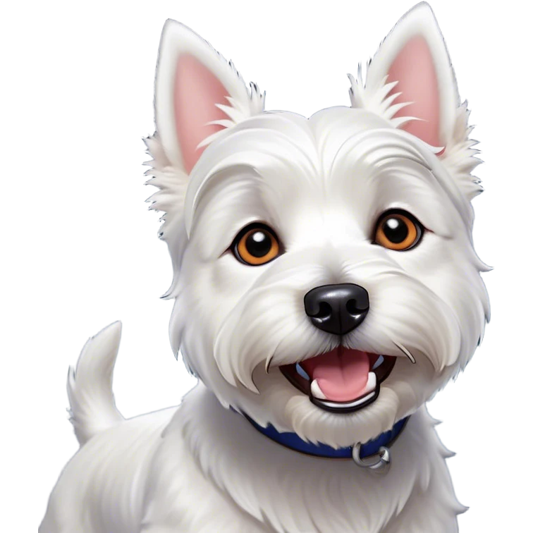 Cinematic Comical West Highland White Terrier Portrait Emoji, Head tilted dramatically with an exaggeratedly shocked or amused expression, featuring a sleek, pristine white coat with perky ears and wide, expressive dark eyes filled with playful disbelief, Simplified yet hilariously expressive features, highly detailed, glowing with a slightly sassy glow, high shine, dramatic yet playful, stylized with an air of cheeky mischief, bright and endearing, soft glowing outline, capturing the essence of a spirited and over-the-top companion, so meme-worthy it feels like it could side-eye its way into internet fame instantly! emoji