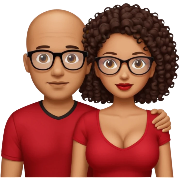 A picture of a sexy tanned couple. the guy is Mexican, with a bald hair cut and a red shirt. the girl is mixed, she has curly longer dark brown hair, the girl has glasses only, and with big boobs and black shirt  emoji