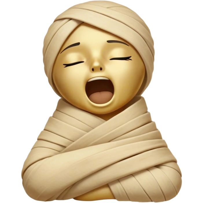 Cinematic Cute Yawning Mummy Portrait Emoji, with a snug, slightly askew bandaged form in warm, faded tones with gentle golden accents, head tilted back in a big, sleepy yawn revealing cute hints of ancient charm, simplified yet adorably detailed, glowing with a soft, nostalgic radiance and a gentle outline that captures a mummy’s tender need for rest! emoji